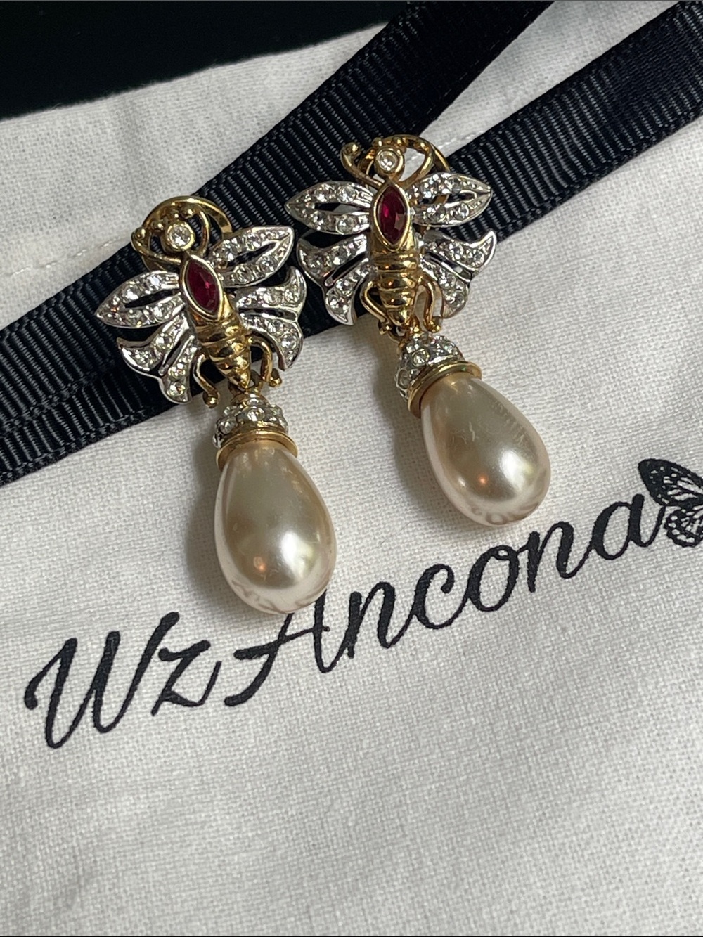 Gold Bee Pearl Drop Earrings with Clear Crystals - White Pearl